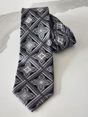 Made In Italy Black & Silver Ornate Square Pattern Tie